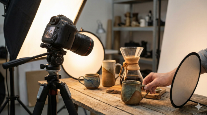 ภาพการจัดวางกล้องและอุปกรณ์จัดแสงในสตูดิโอเพื่อใช้ เทคนิคถ่ายสินค้า ให้ดูสวยงามและเป็นมืออาชีพ