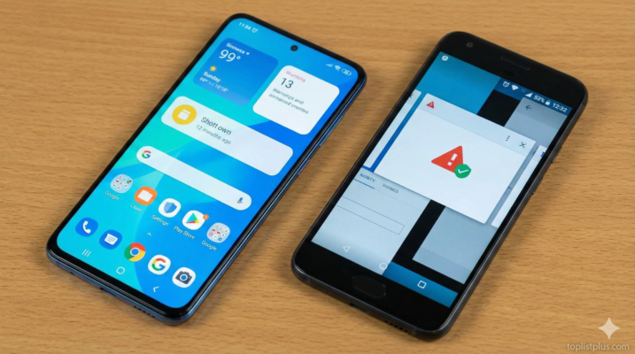 รูปภาพประกอบบทความเกี่ยวกับข้อดี–ข้อเสียของโทรศัพท์ Android แสดงสมาร์ทโฟนหลากหลายรุ่น