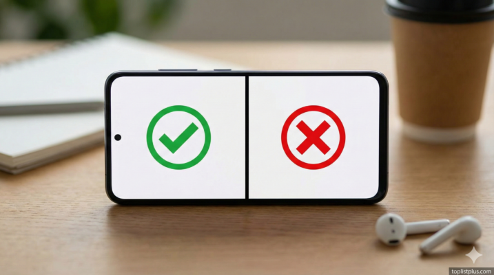 ภาพประกอบบทความ ข้อดี–ข้อเสียของโทรศัพท์ Android แสดงสมาร์ทโฟนที่มีเครื่องหมายถูกและผิดบนหน้าจอ