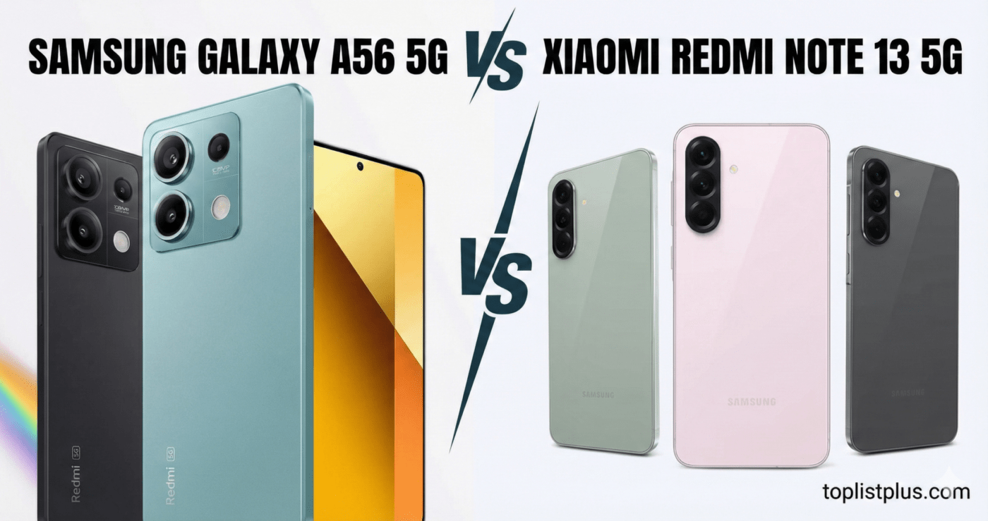 ภาพหน้าปกสำหรับบทความเปรียบเทียบสเปคระหว่าง Samsung Galaxy A56 5G vs Xiaomi Redmi Note 13 5G แสดงภาพสมาร์ทโฟนทั้งสองซีรีส์พร้อมข้อความพาดหัว