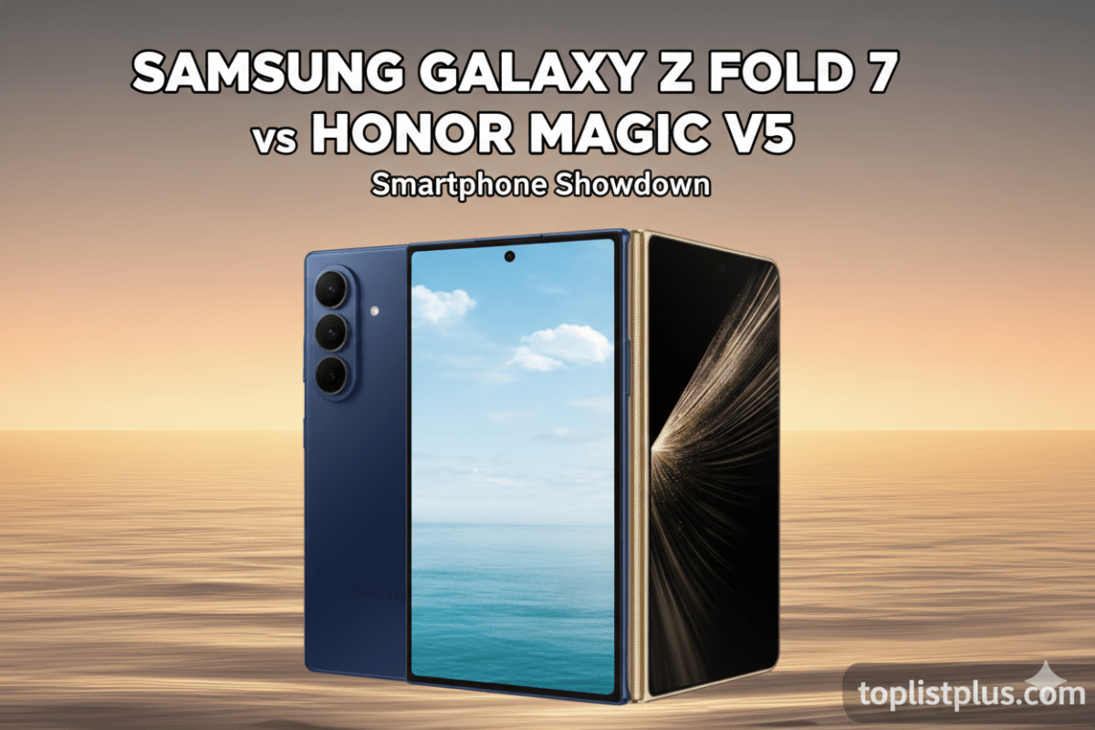 Samsung Galaxy Z Fold 7 vs Honor Magic V5 Smartphone Showdown: ภาพเปรียบเทียบโทรศัพท์มือถือแบบพับได้ Samsung Galaxy Z Fold 7 (ด้านซ้ายสีน้ำเงิน) และ Honor Magic V5 (ด้านขวา) สำหรับบทความรีวิวและเปรียบเทียบ