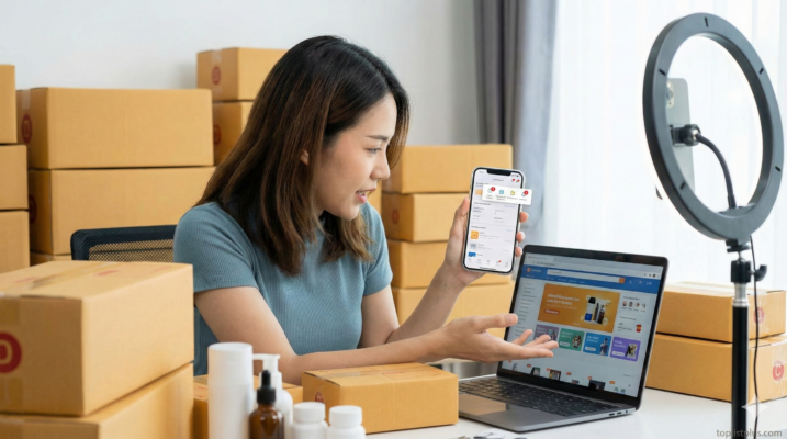 ภาพแม่ค้าออนไลน์กำลังไลฟ์สดและเช็คออเดอร์บนมือถือ ประกอบบทความ โทรศัพท์ สำหรับแม่ค้าออนไลน์ รุ่นไหนดี