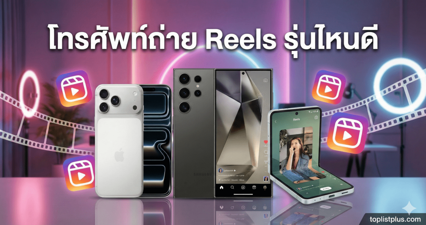 ภาพปกบทความ SEO หัวข้อ โทรศัพท์ถ่าย Reels รุ่นไหนดี แสดงสมาร์ทโฟน Samsung S24 Ultra, iPhone 15, และ Samsung Z Flip 5 พร้อมไอคอน Instagram Reels ในสตูดิโอไฟนีออน