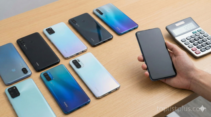 ภาพการเปรียบเทียบเพื่อหาว่า โทรศัพท์ ราคาไม่เกิน 12000 รุ่นไหนดี โดยมีสมาร์ทโฟนหลายรุ่นวางเรียงกันและมีมือจับเลือกพร้อมเครื่องคิดเลขแสดงงบประมาณ