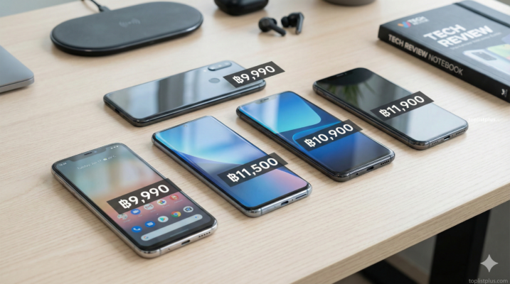 ภาพเปรียบเทียบสมาร์ทโฟน 5 รุ่นพร้อมป้ายราคาบนโต๊ะทำงาน เพื่อประกอบบทความ โทรศัพท์ ราคาไม่เกิน 12000 รุ่นไหนดี