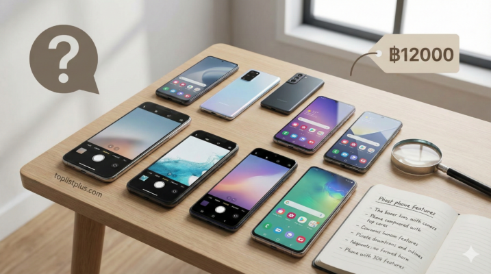 ภาพถ่ายแนวนอนแสดงการเปรียบเทียบสมาร์ทโฟนหลายเครื่องบนโต๊ะทำงาน พร้อมสัญลักษณ์เครื่องหมายคำถามและป้ายราคา ประกอบบทความคำถามที่พบบ่อยเพื่อหาคำตอบว่า โทรศัพท์ ราคาไม่เกิน 12000 รุ่นไหนดี
