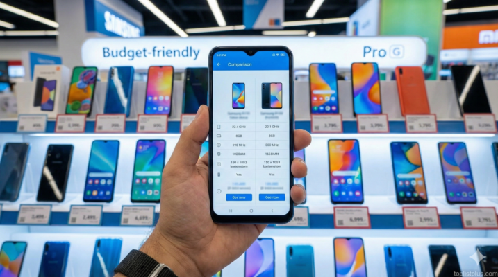 มือถือกำลังแสดงหน้าจอเปรียบเทียบสเปค ในร้านขายโทรศัพท์ที่มีป้าย Budget-friendly สำหรับบทความ โทรศัพท์ ราคาไม่เกิน 3000 รุ่นไหนดี
