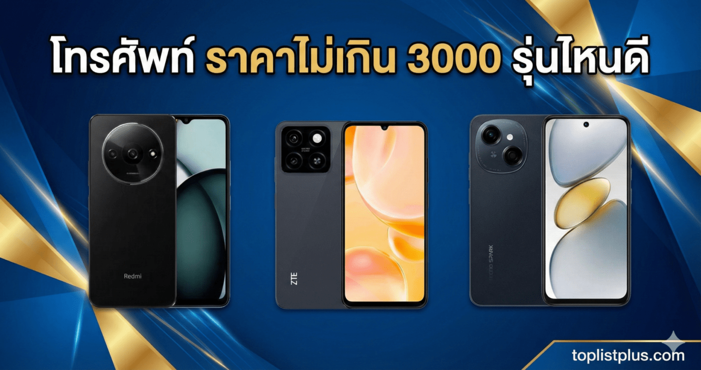 รูปหน้าปกบทความ "โทรศัพท์ ราคาไม่เกิน 3000 รุ่นไหนดี" แสดงภาพสมาร์ทโฟน 3 รุ่น ได้แก่ Redmi, ZTE และ Tecno Spark พร้อมโลโก้ toplistplus.com