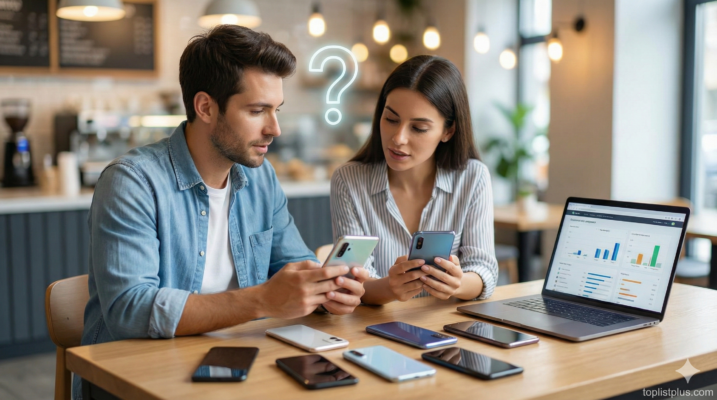 ภาพประกอบส่วนคำถามที่พบบ่อย (FAQ) แสดงคนกำลังเปรียบเทียบสมาร์ทโฟนเพื่อหาคำตอบว่า โทรศัพท์ ราคาไม่เกิน 30000 รุ่นไหนดี