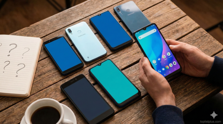 กลุ่มโทรศัพท์มือถือราคาประหยัดหลากหลายรุ่นวางเรียงกันบนโต๊ะไม้ พร้อมสมุดโน้ตที่มีเครื่องหมายคำถาม สื่อถึงการค้นหาคำตอบว่า โทรศัพท์ ราคาไม่เกิน 6000 รุ่นไหนดี