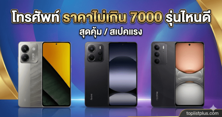 ภาพหน้าปกบทความแนะนำ โทรศัพท์ ราคาไม่เกิน 7000 รุ่นไหนดี แสดงรูปสมาร์ทโฟน 3 รุ่น ได้แก่ POCO, Redmi และ realme พร้อมข้อความสุดคุ้ม สเปคแรง
