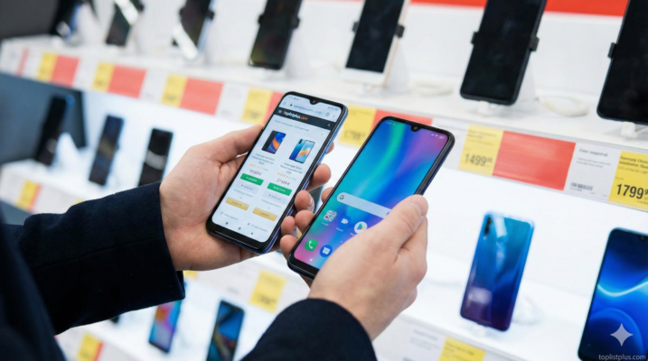 ภาพคนกำลังเลือกซื้อและเปรียบเทียบ โทรศัพท์ ราคาไม่เกิน 9000 รุ่นไหนดี ในร้านค้า