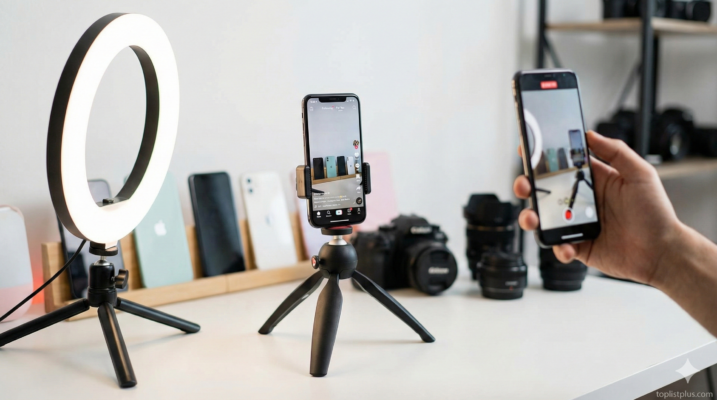 ภาพประกอบบทสรุปการเลือก โทรศัพท์ถ่าย TikTok รุ่นไหนดี แสดงชุดอุปกรณ์ไฟวงแหวนและขาตั้งกล้องสำหรับการสร้างคอนเทนต์