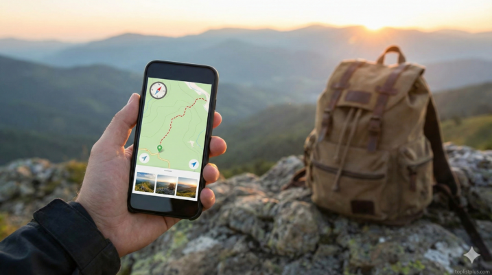 ภาพประกอบบทความ FAQ เกี่ยวกับ โทรศัพท์ สำหรับสายเที่ยว รุ่นไหนดี แสดงสมาร์ทโฟนเปิดแผนที่นำทางเดินป่าบนภูเขา