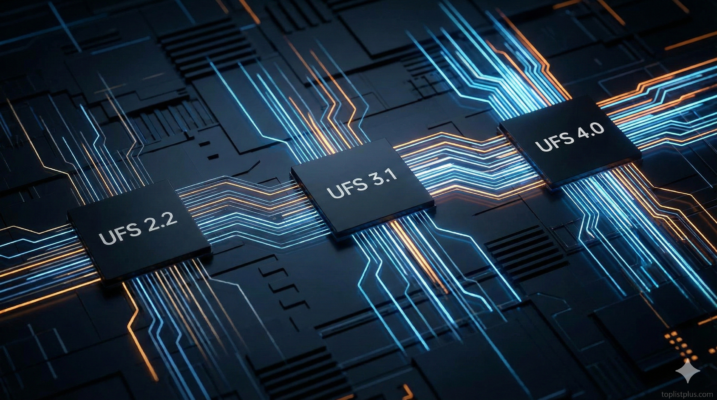 ภาพกราฟิกแสดงการเปรียบเทียบชิปหน่วยความจำ UFS 2.2 vs UFS 3.1 vs UFS 4.0 เรียงกันบนแผงวงจรไฮเทคพร้อมลายน้ำ toplistplus.com