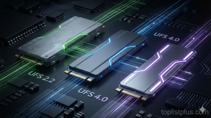 ภาพกราฟิกแสดงการเปรียบเทียบชิปหน่วยความจำ UFS 2.2 vs UFS 3.1 vs UFS 4.0 บนแผงวงจรไฮเทคที่มีแสงไฟแสดงความเร็วในการถ่ายโอนข้อมูลที่แตกต่างกัน