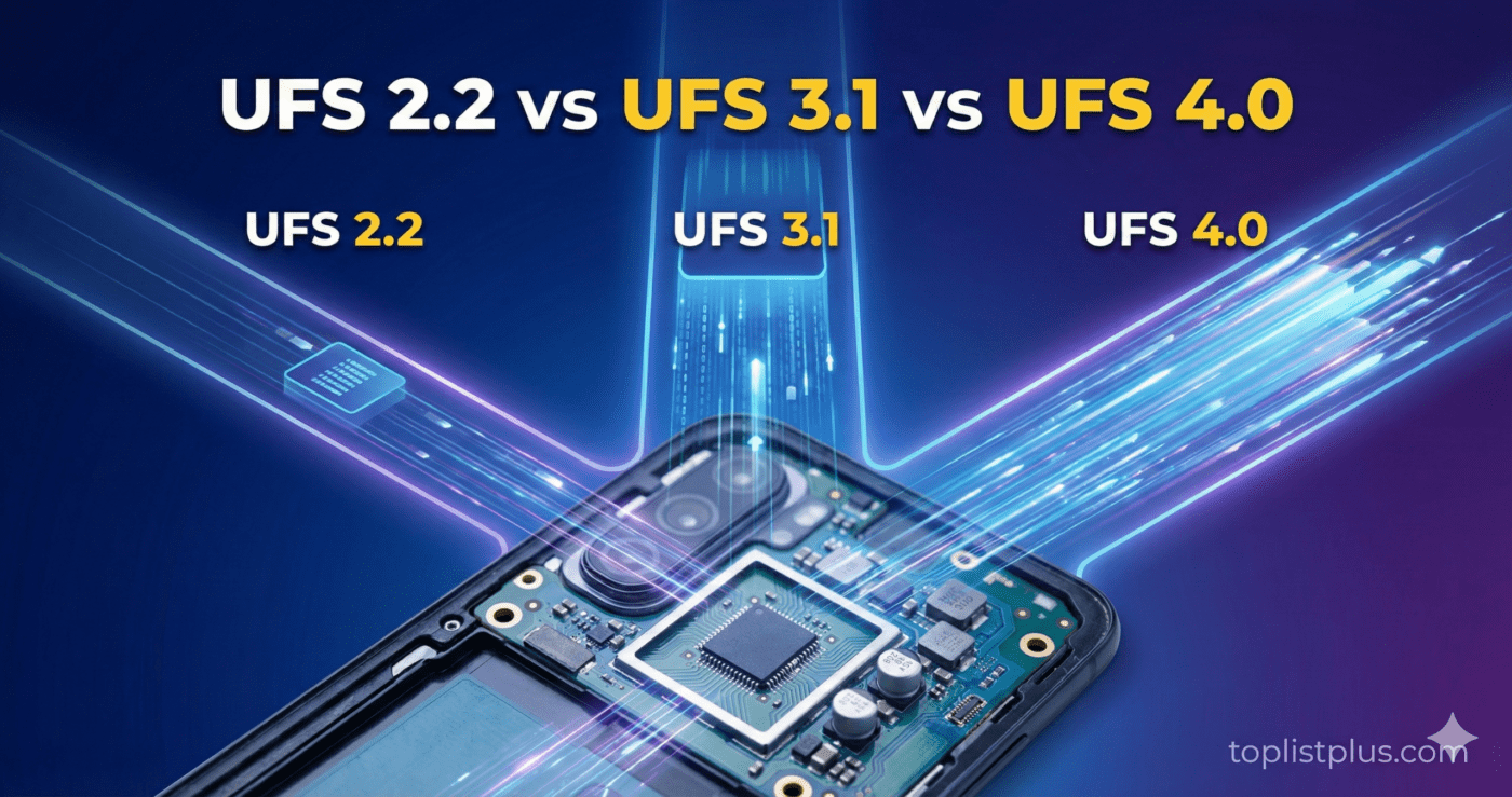 ภาพกราฟิกเปรียบเทียบความเร็วของเทคโนโลยีหน่วยความจำ UFS 2.2 vs UFS 3.1 vs UFS 4.0 โดยแสดงเส้นแสงที่มีความเร็วต่างกันพุ่งเข้าสู่ชิปบนแผงวงจรสมาร์ทโฟน