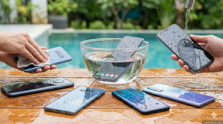 ภาพการทดสอบโทรศัพท์มือถือหลายรุ่นที่เปียกน้ำบริเวณริมสระว่ายน้ำ แสดงให้เห็นถึงความสามารถในการกันน้ำ ซึ่งเป็นส่วนหนึ่งของบทความแนะนำการเลือกซื้อ โทรศัพท์ กันน้ำ รุ่นไหนดี
