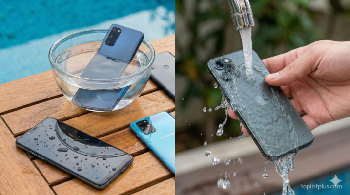 ภาพประกอบส่วนคำถามที่พบบ่อยเกี่ยวกับ โทรศัพท์ กันน้ำ รุ่นไหนดี แสดงภาพสมาร์ทโฟนขณะโดนน้ำและวางใกล้แหล่งน้ำเพื่อสื่อถึงคุณสมบัติการกันน้ำ