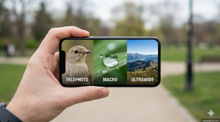 ภาพสมาร์ทโฟนแสดงตัวอย่างภาพถ่ายจากเลนส์ 3 แบบ Tele, Macro, Ultrawide เพื่ออธิบายว่า Tele / Macro / Ultrawide ในมือถือ คืออะไร