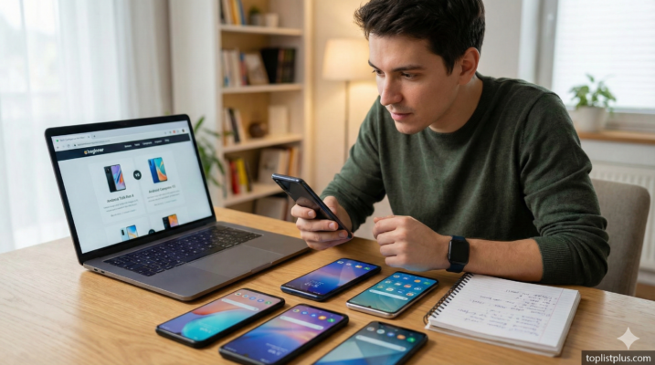 ภาพประกอบบทความ มือใหม่ควรรู้อะไรบ้างก่อนซื้อ Android เครื่องแรก แสดงชายหนุ่มกำลังเปรียบเทียบสมาร์ทโฟน Android รุ่นต่างๆ