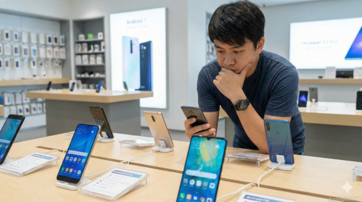 ภาพชายหนุ่มกำลังพิจารณาเปรียบเทียบสมาร์ทโฟน Android รุ่นต่างๆ ภายในร้านค้า ซึ่งเป็นขั้นตอนสำคัญที่ มือใหม่ควรรู้อะไรบ้างก่อนซื้อ Android เครื่องแรก