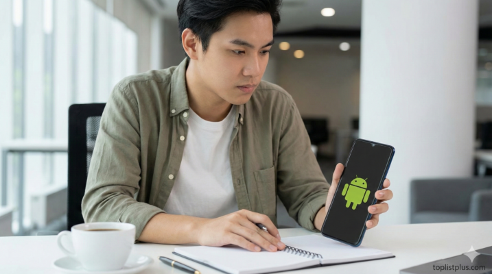 ชายหนุ่มกำลังศึกษาข้อมูลและเลือกดูโทรศัพท์มือถือ Android ซึ่งเป็นขั้นตอนสำคัญที่มือใหม่ควรรู้อะไรบ้างก่อนซื้อ Android เครื่องแรก