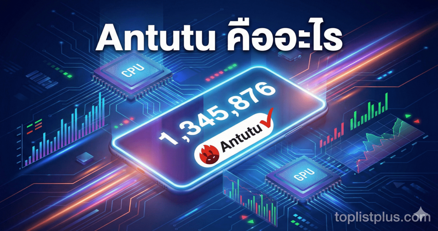 ภาพหน้าปกบทความ "Antutu คืออะไร" แสดงโลโก้ Antutu Benchmark บนหน้าจอสมาร์ทโฟนที่มีคะแนนการทดสอบประสิทธิภาพสูง พร้อมกราฟิกชิป CPU, GPU และการวิเคราะห์ข้อมูลแบบดิจิทัล