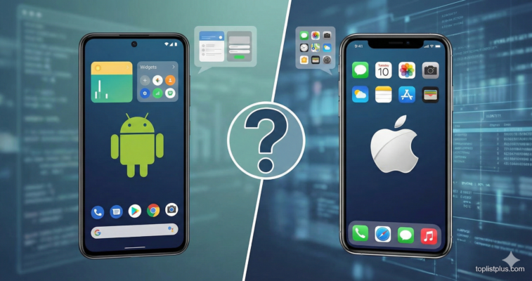 ภาพกราฟิกเปรียบเทียบระหว่างหน้าจอโทรศัพท์ Android และ iPhone สื่อถึงบทความ Android คืออะไร ต่างจาก iPhone ยังไง