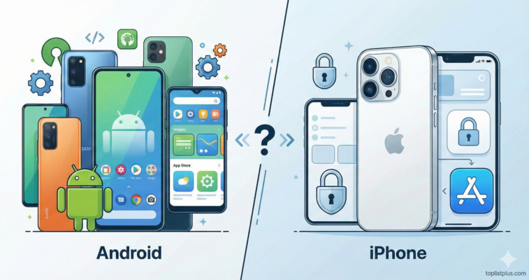 ภาพกราฟิกเปรียบเทียบระบบปฏิบัติการ แสดงฝั่ง Android ที่มีความหลากหลายและเปิดกว้าง กับฝั่ง iPhone ที่มีความปลอดภัยและเป็นระบบปิด สำหรับบทความ Android คืออะไร ต่างจาก iPhone ยังไง