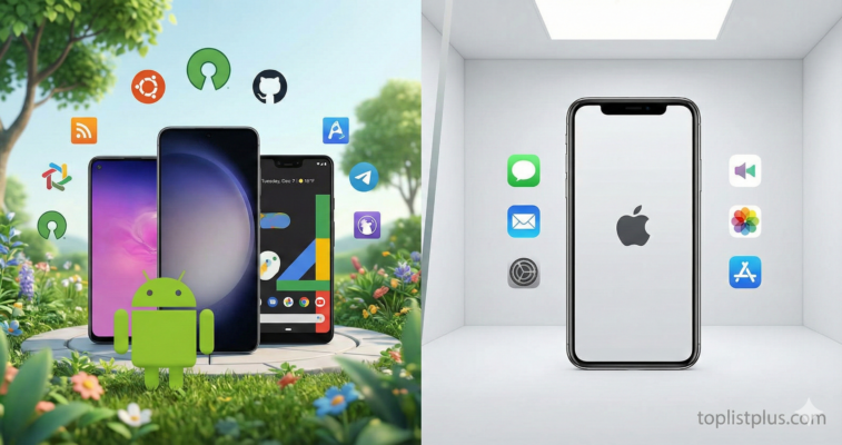 ภาพกราฟิกเปรียบเทียบระบบนิเวศที่หลากหลายของฝั่ง Android กับความเรียบง่ายของฝั่ง iPhone ใช้ประกอบบทความหัวข้อ Android คืออะไร ต่างจาก iPhone ยังไง