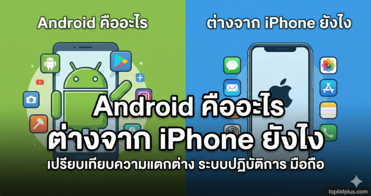 ภาพปกบทความเปรียบเทียบ Android คืออะไร ต่างจาก iPhone ยังไง แสดงภาพกราฟิกของสมาร์ทโฟนระบบ Android ฝั่งซ้ายและ iOS ฝั่งขวาเคียงข้างกัน