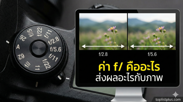 ภาพประกอบบทความแสดงการเปรียบเทียบผลลัพธ์ของรูรับแสงที่แตกต่างกันบนหน้าจอคอมพิวเตอร์และปุ่มปรับบนกล้อง เพื่ออธิบายว่า ค่า f/ คืออะไร ส่งผลอะไรกับภาพ