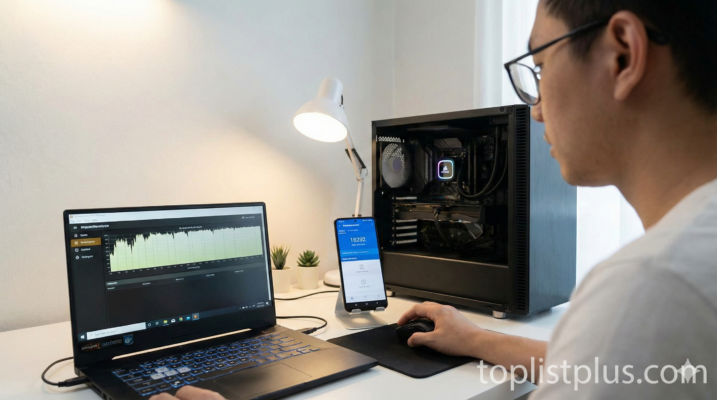 ภาพประกอบบทความเรื่อง Geekbench คืออะไร แสดงหน้าจอโน้ตบุ๊กและสมาร์ทโฟนขณะทดสอบประสิทธิภาพความแรงของเครื่อง