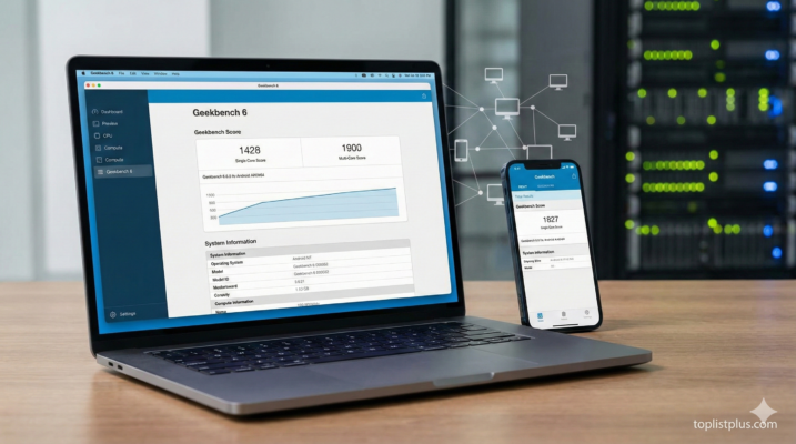 ภาพหน้าจอแล็ปท็อปและสมาร์ทโฟนแสดงผลการทดสอบประสิทธิภาพด้วยโปรแกรม Geekbench ประกอบบทความอธิบายว่า Geekbench คืออะไร