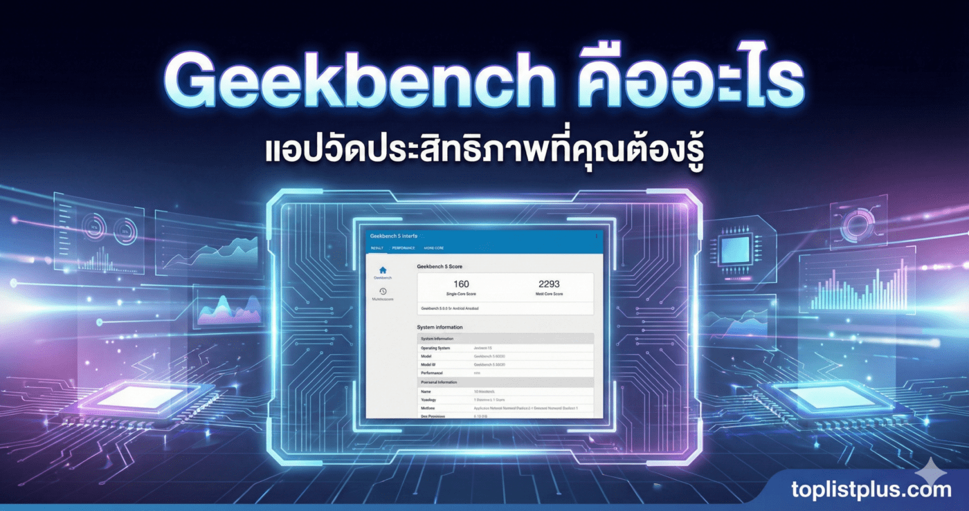 ภาพหน้าปกบทความที่มีข้อความหัวข้อหลักว่า Geekbench คืออะไร พร้อมแสดงภาพหน้าจออินเทอร์เฟซผลการทดสอบจากแอปพลิเคชัน Geekbench บนพื้นหลังกราฟิกเทคโนโลยี