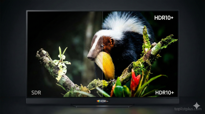 ภาพหน้าจอทีวีแสดงการเปรียบเทียบความแตกต่างระหว่าง SDR และ HDR10+ ช่วยให้เข้าใจว่า HDR10+ คืออะไร