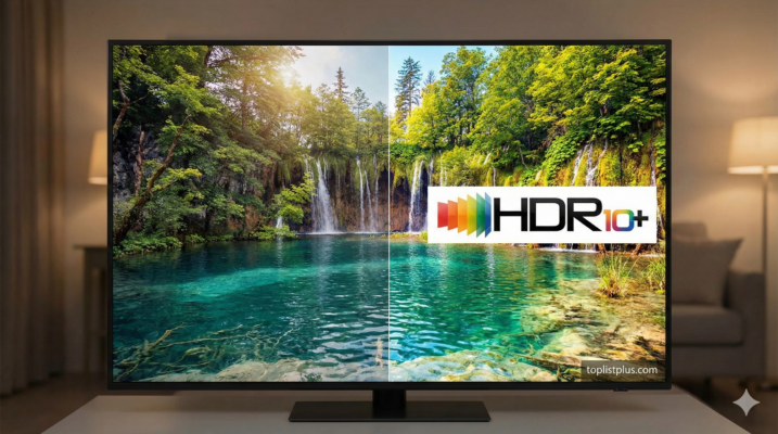 ภาพหน้าจอทีวีเปรียบเทียบการแสดงผลเพื่ออธิบายว่า เทคโนโลยี HDR10+ คืออะไร และให้สีสันที่แตกต่างอย่างไร