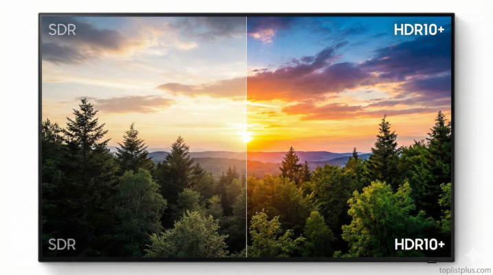 ภาพเปรียบเทียบหน้าจอทีวีแสดงผลระหว่าง SDR และ HDR10+ ที่มีสีสันและความคมชัดต่างกัน เพื่อประกอบคำอธิบายว่า HDR10+ คืออะไร