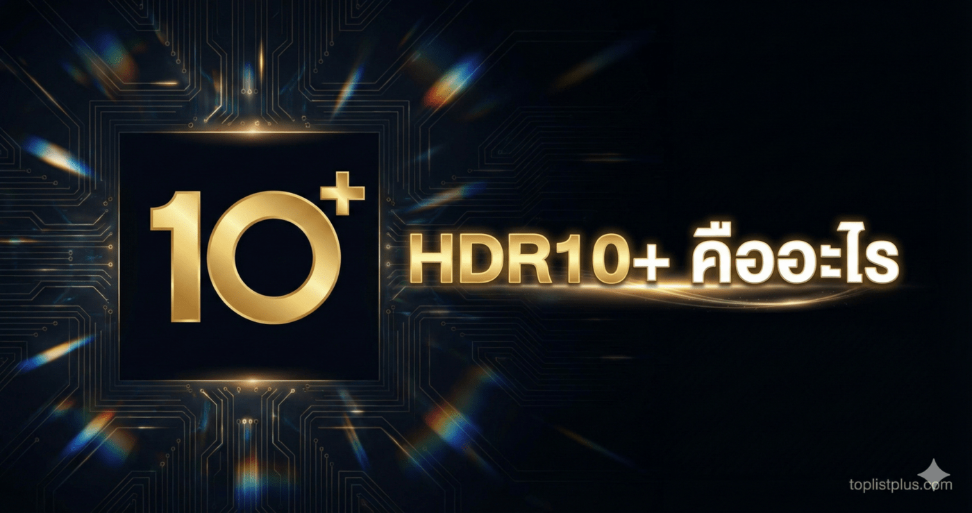 ภาพหน้าปกบทความ SEO หัวข้อ HDR10+ คืออะไร พร้อมโลโก้และกราฟิกเทคโนโลยี