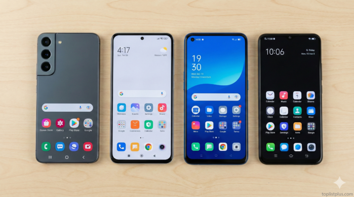 ภาพเปรียบเทียบหน้าจอสมาร์ทโฟน 4 รุ่นที่ใช้ระบบ One UI, MIUI, ColorOS และ FunTouch OS เพื่อประกอบบทความ One UI MIUI ColorOS FunTouch คืออะไร