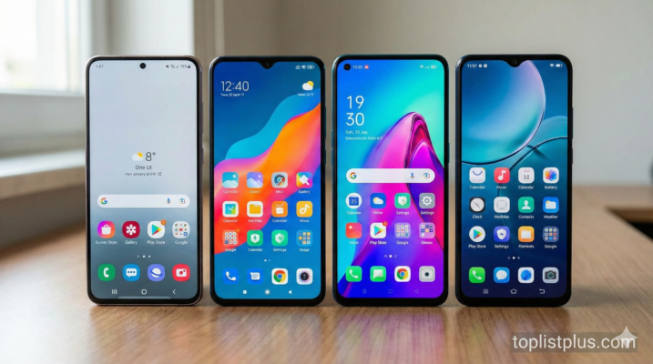 ภาพเปรียบเทียบหน้าจอสมาร์ทโฟน 4 รุ่นที่แสดงอินเทอร์เฟซ One UI, MIUI, ColorOS และ FunTouch OS วางเรียงกันบนโต๊ะไม้ เพื่อประกอบคำอธิบายว่า One UI MIUI ColorOS FunTouch คืออะไร