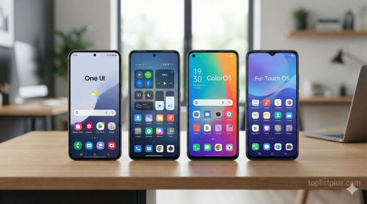 ภาพเปรียบเทียบหน้าจอสมาร์ทโฟนสี่รุ่นที่แสดงอินเทอร์เฟซผู้ใช้ (UI) ที่แตกต่างกัน ได้แก่ Samsung One UI, Xiaomi MIUI, OPPO ColorOS และ vivo FunTouch OS ซึ่งเป็นภาพประกอบสำหรับบทความที่อธิบายว่า One UI MIUI ColorOS FunTouch คืออะไร