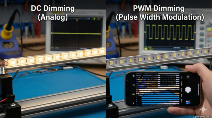ภาพเปรียบเทียบการทำงานของ DC Dimming และ PWM Dimming บนแถบไฟ LED พร้อมการแสดงผลบน oscilloscope และการตรวจสอบการกะพริบด้วยกล้องมือถือ เพื่ออธิบายว่า PWM Dimming คืออะไร