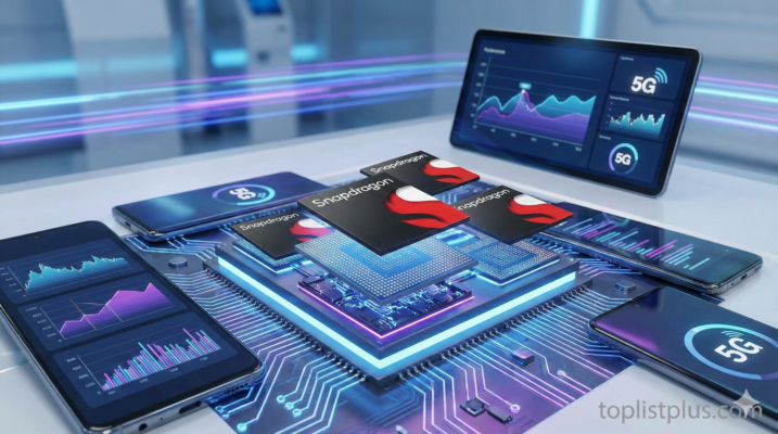 ภาพประกอบแสดงชิปเซ็ต Snapdragon และอุปกรณ์มือถือที่รองรับ 5G พร้อมกราฟแสดงประสิทธิภาพ ใช้สำหรับอธิบายว่า Snapdragon คืออะไร แต่ละรุ่นต่างกันยังไง