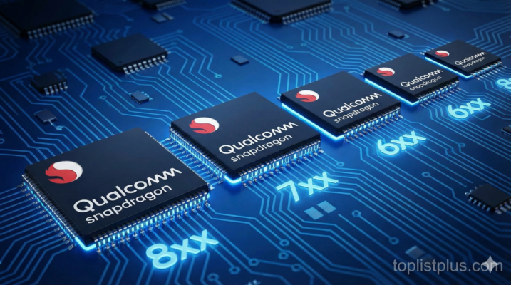 ภาพถ่ายระยะใกล้แสดงชิปประมวลผล Qualcomm Snapdragon ซีรีส์ต่างๆ (8xx, 7xx, 6xx) วางเรียงบนแผงวงจรสีน้ำเงิน สื่อถึงความแตกต่างของประสิทธิภาพในแต่ละรุ่น ประกอบบทความ Snapdragon คืออะไร แต่ละรุ่นต่างกันยังไง