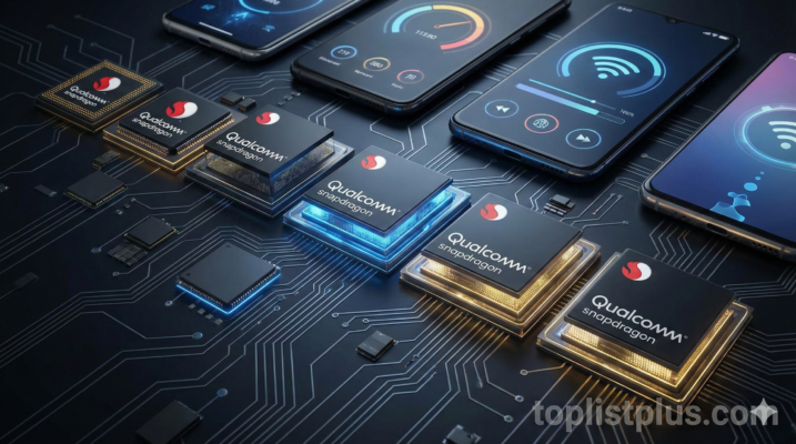 ภาพชิปประมวลผล Qualcomm Snapdragon หลากหลายรุ่นและสมาร์ทโฟนบนแผงวงจร แสดงถึงวิวัฒนาการของเทคโนโลยี เพื่อประกอบบทความที่อธิบายว่า Snapdragon คืออะไร แต่ละรุ่นต่างกันยังไง