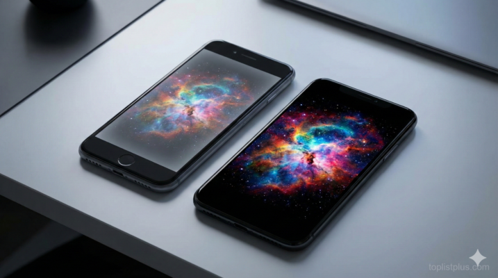 ภาพเปรียบเทียบความแตกต่างของหน้าจอสมาร์ทโฟนสองแบบ เพื่ออธิบายว่า จอ AMOLED คืออะไรดีอย่างไร โดยแสดงให้เห็นสีสันที่สดใสและสีดำที่มืดสนิทบนหน้าจอ AMOLED เครื่องด้านขวา