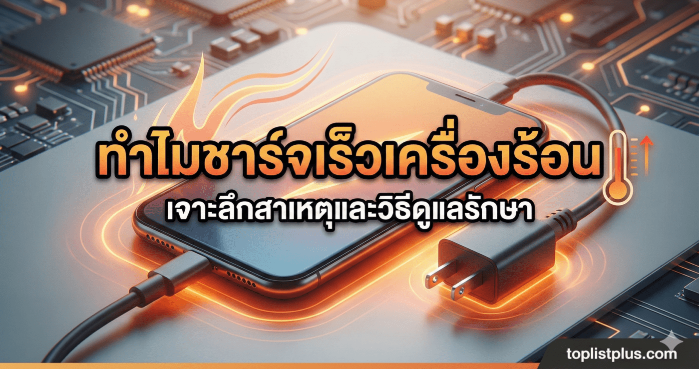 รูปหน้าปกบทความอธิบายสาเหตุว่า ทำไมชาร์จเร็วเครื่องร้อน พร้อมกราฟิกแสดงความร้อนขณะชาร์จแบตเตอรี่สมาร์ทโฟน