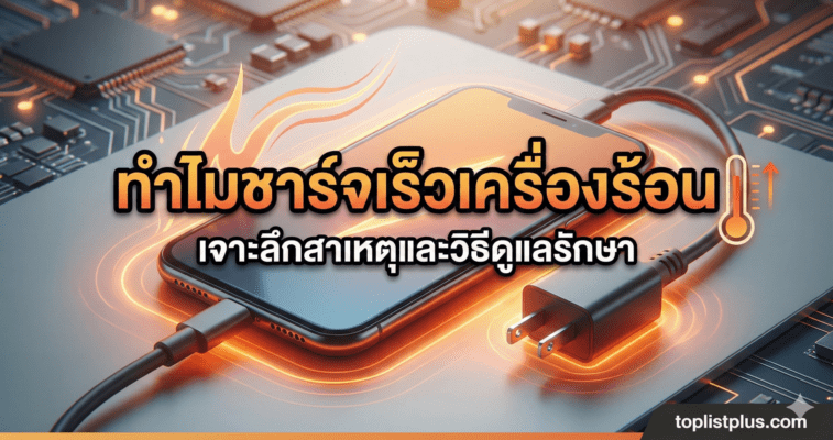 รูปหน้าปกบทความอธิบายสาเหตุว่า ทำไมชาร์จเร็วเครื่องร้อน พร้อมกราฟิกแสดงความร้อนขณะชาร์จแบตเตอรี่สมาร์ทโฟน